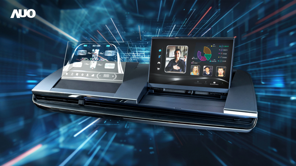 Maxman | 万博Micro LED Display HMI解決方案打造透明Micro LED前座儀表，呈現資訊並保留駕駛視野開闊；亦為副駕駛座乘客打造收放自如的Micro LED螢幕，在不影響顯示品質的前提於顯示區內建鏡頭，讓使用者能與視訊對象直接眼神接觸，提供絕佳的雙向溝通體驗