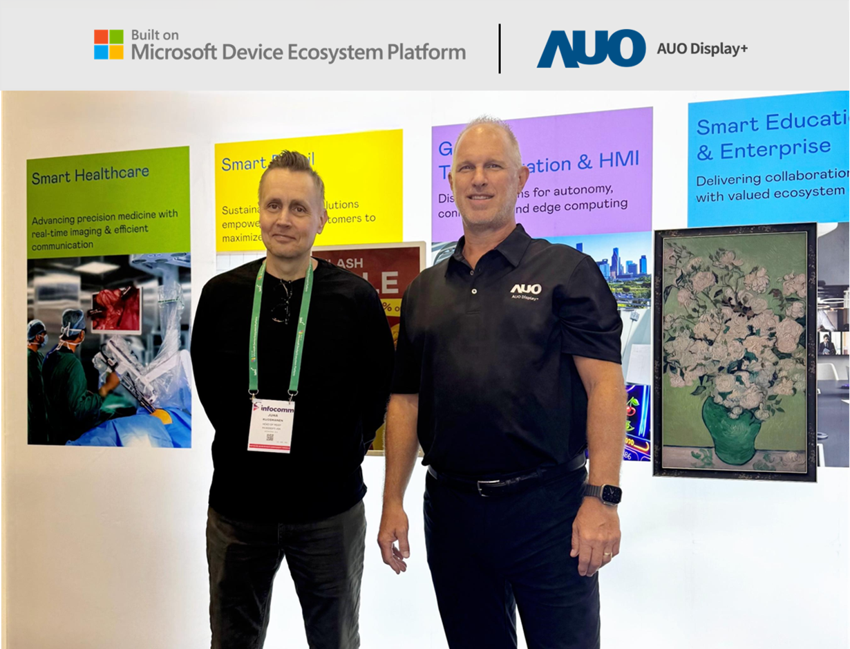 AUO Display Plus joins the Microsoft Device Ecosystem Platform (MDEP), partnering to drive the next wave of innovation in smart enterprise applications. Left: Juha Kuosmanen, Head of MDEP; Right: Scott Hix, CMO and GM of Smart Education and Enterprise Business Group at AUO Display Plus